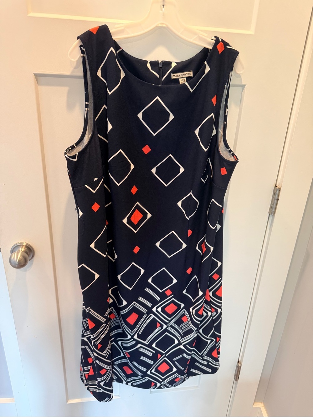Maya Brooke Dress 22W Navy Red Geometric Print Plus Size Sheath Sleeveless